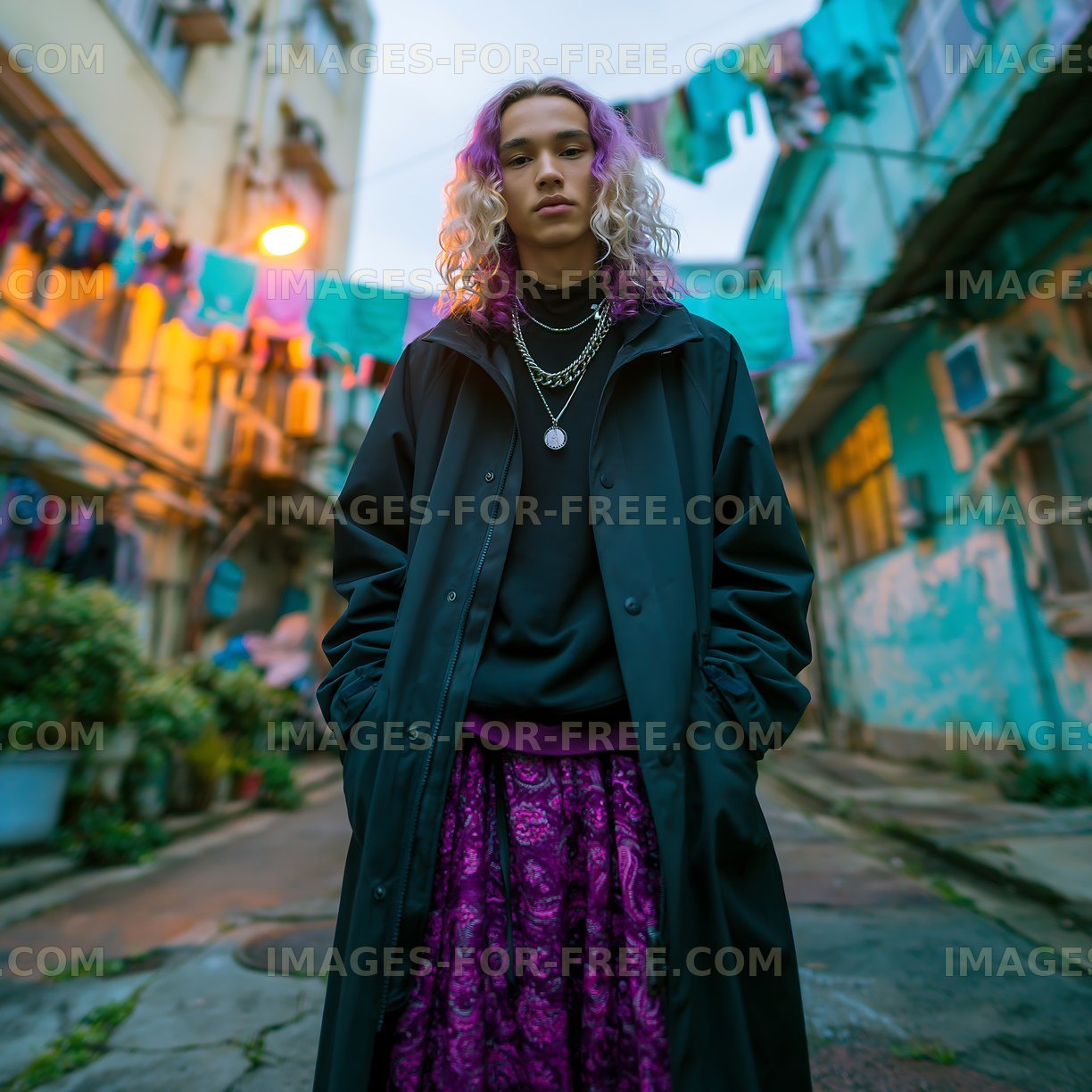 Young adult in black coat and purple patterned skirt