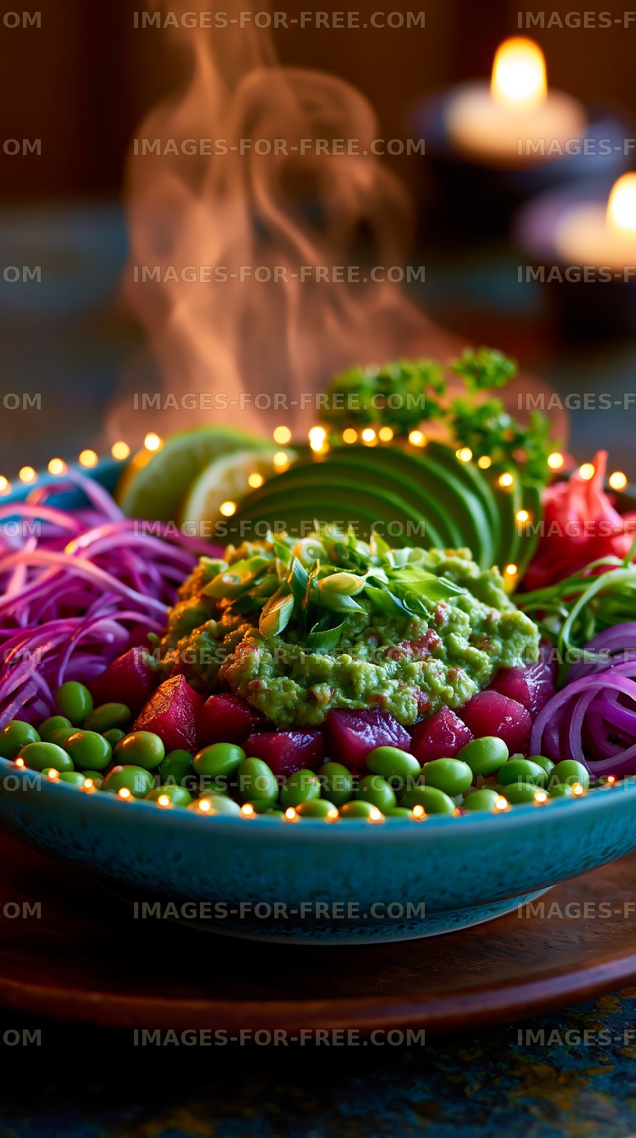 Vibrant vegetable platter with guacamole and warm lights