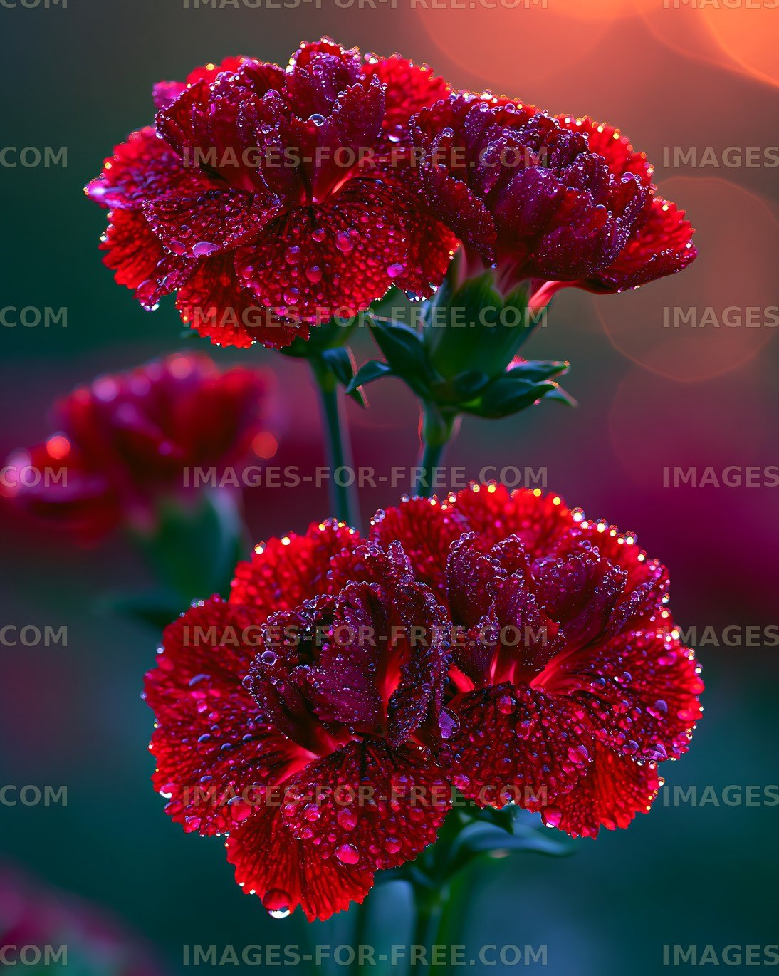 Red carnations with droplets during morning light