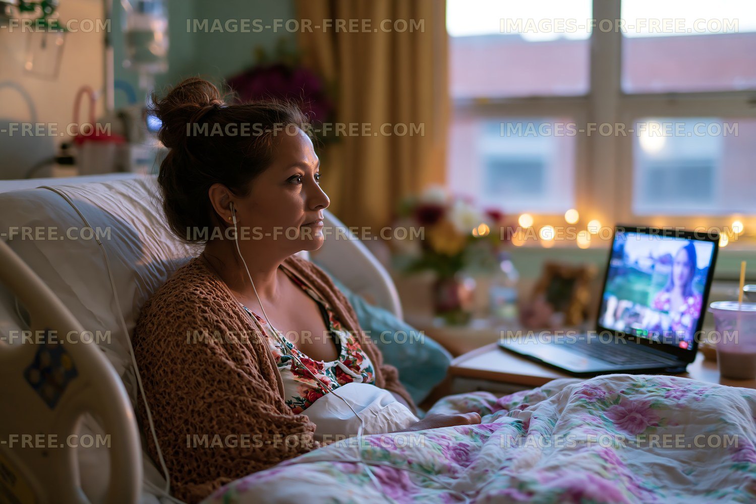 Woman using a laptop while resting in bed