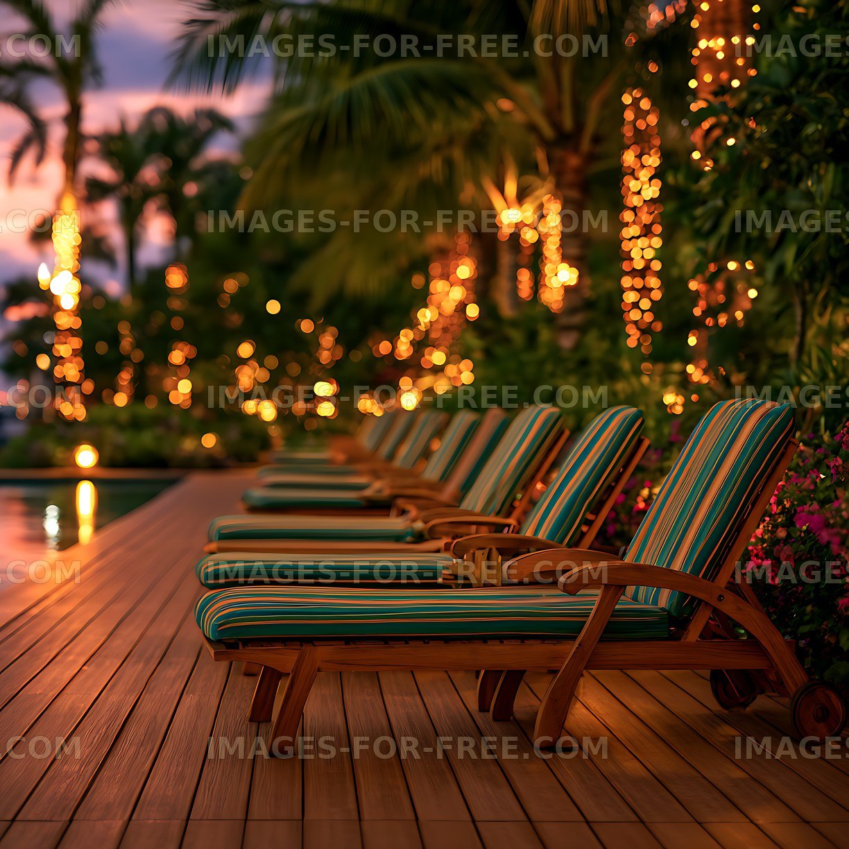 Tropical poolside lounge chairs with glowing lights