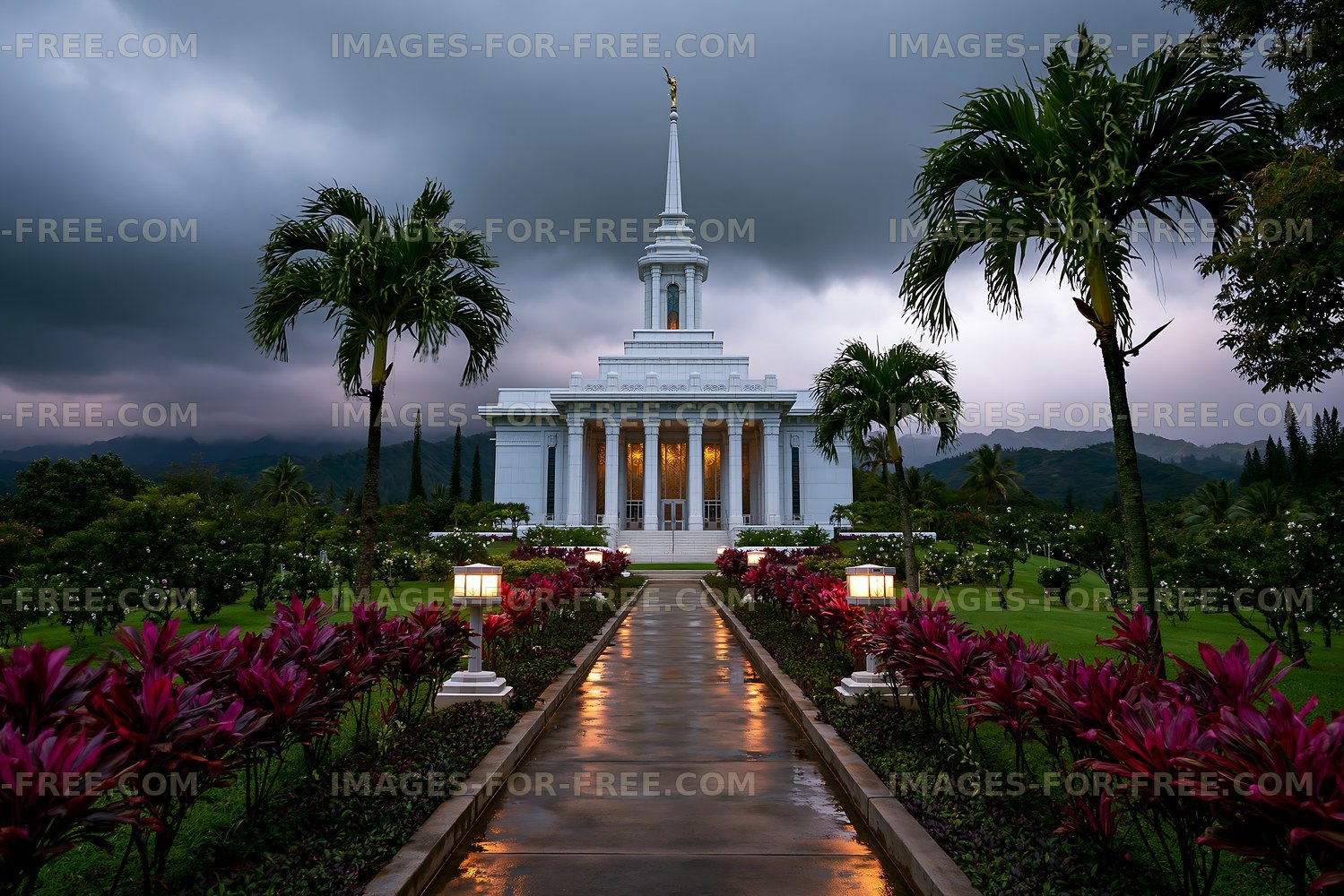 Tropical temple garden after rain