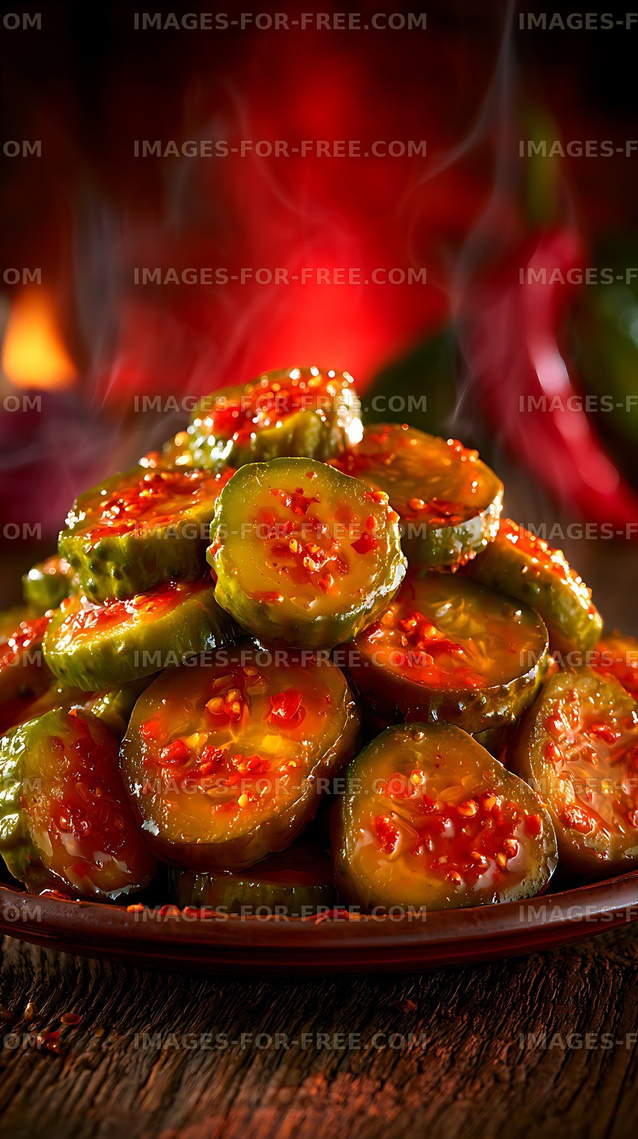 Glossy spicy cucumber slices on a rustic plate