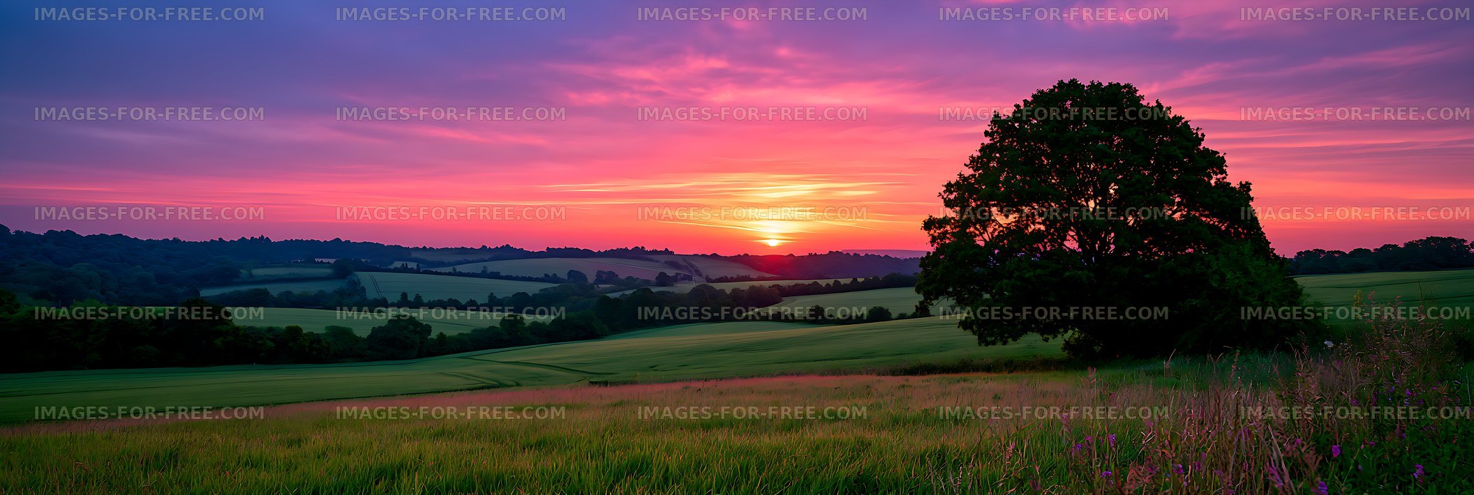 Colorful evening sunset across peaceful countryside fields