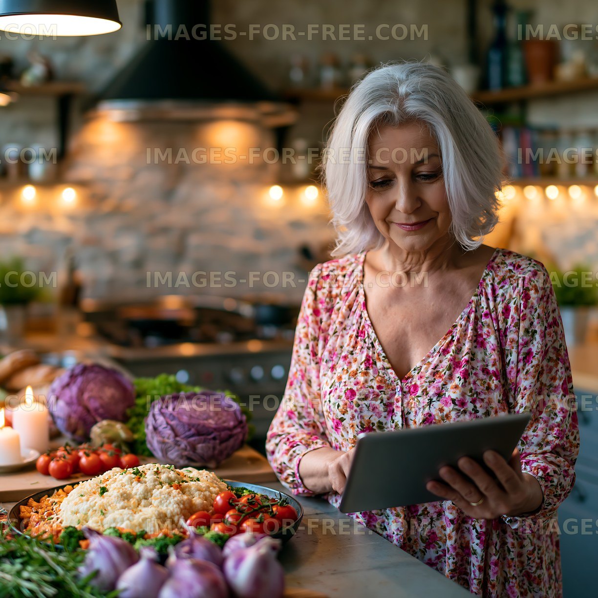 Woman with tablet and fresh food in a warmly lit kitchen