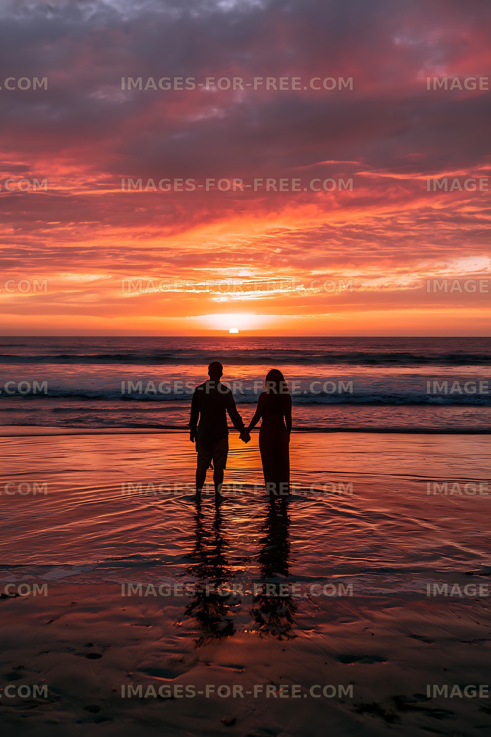 Silhouetted couple standing in shallow water at sunset