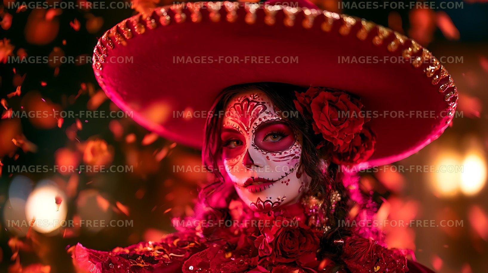 Woman with skull-inspired face paint and red floral costume