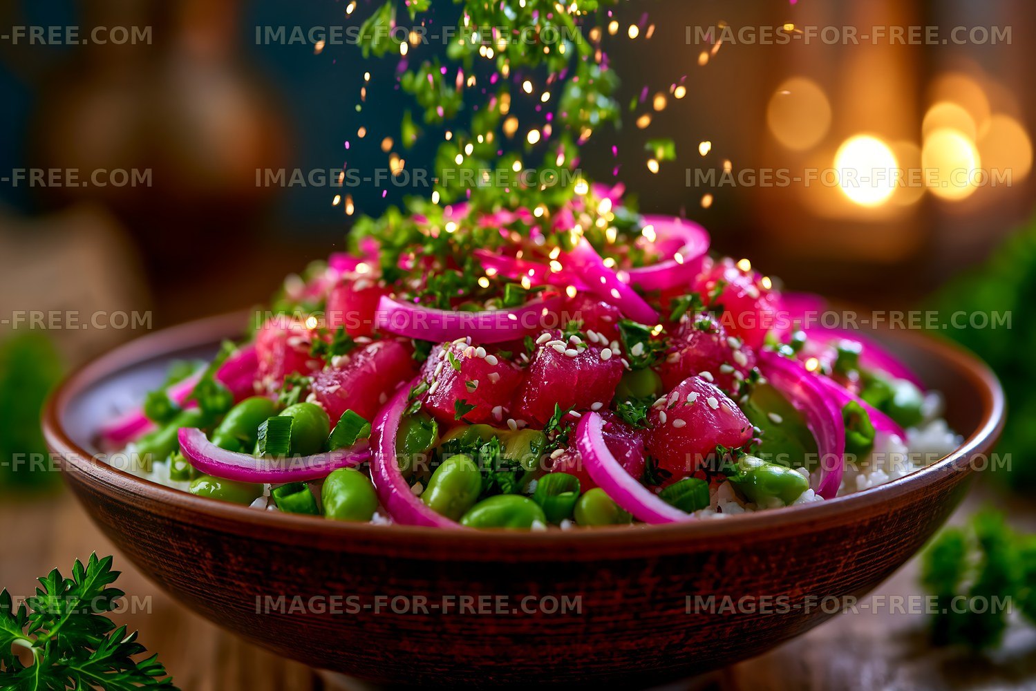 Vibrant dragon fruit and vegetable salad in a wooden bowl