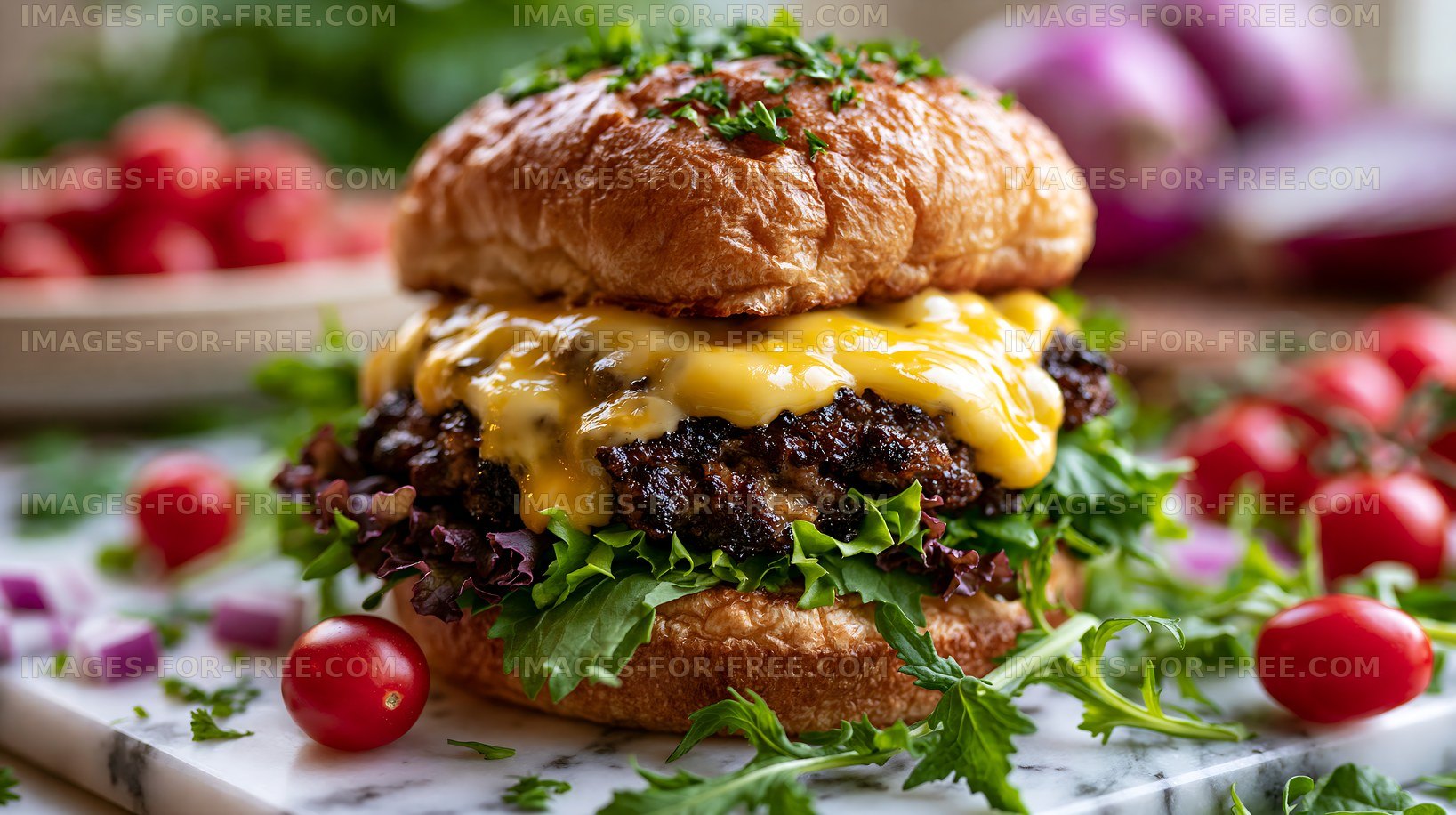 Close-up gourmet cheeseburger with melted cheese and greens