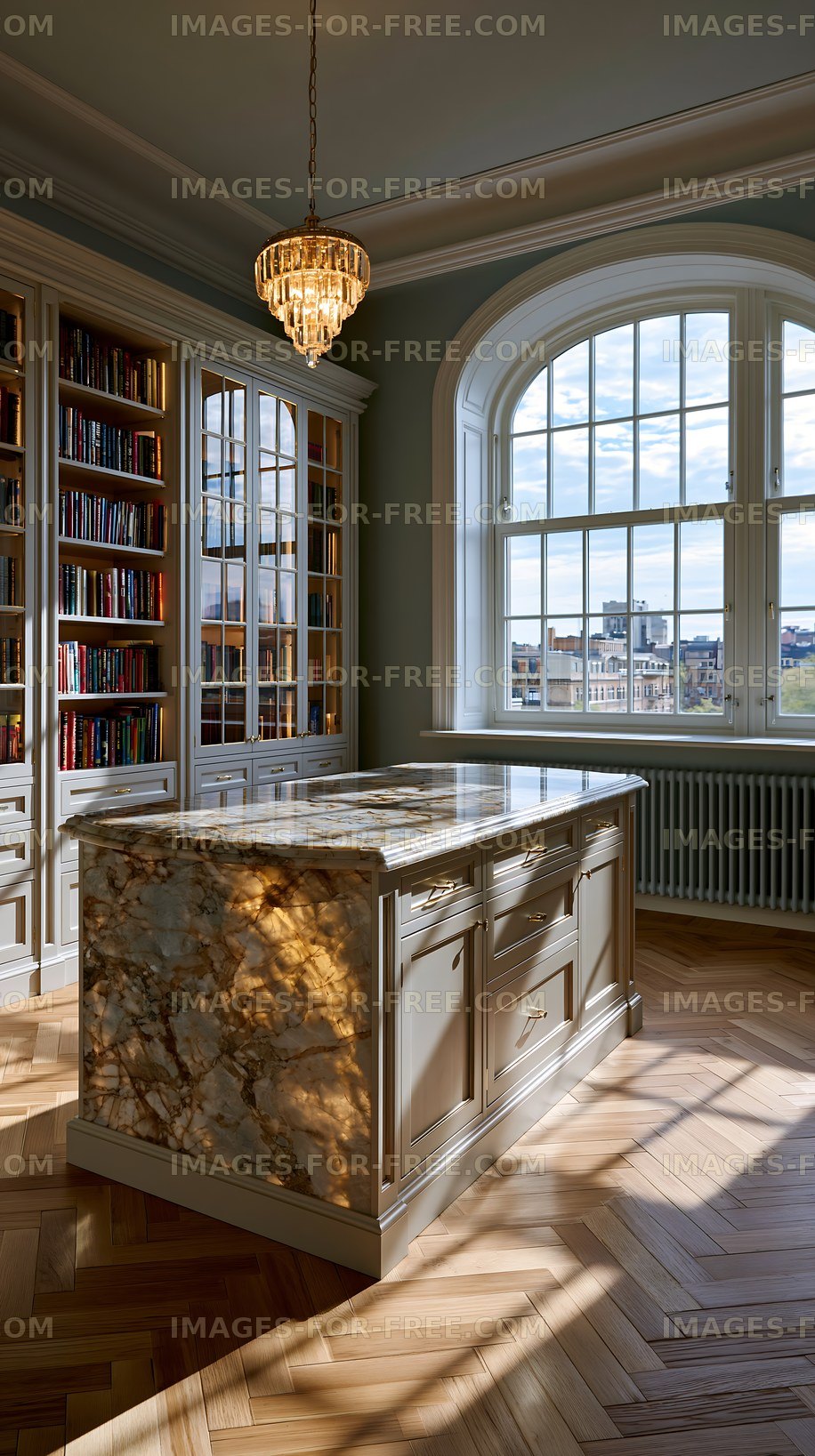 Luxury kitchen interior with marble island and arched window