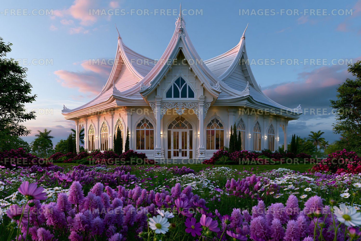 Decorative white pavilion in a blooming garden at dusk