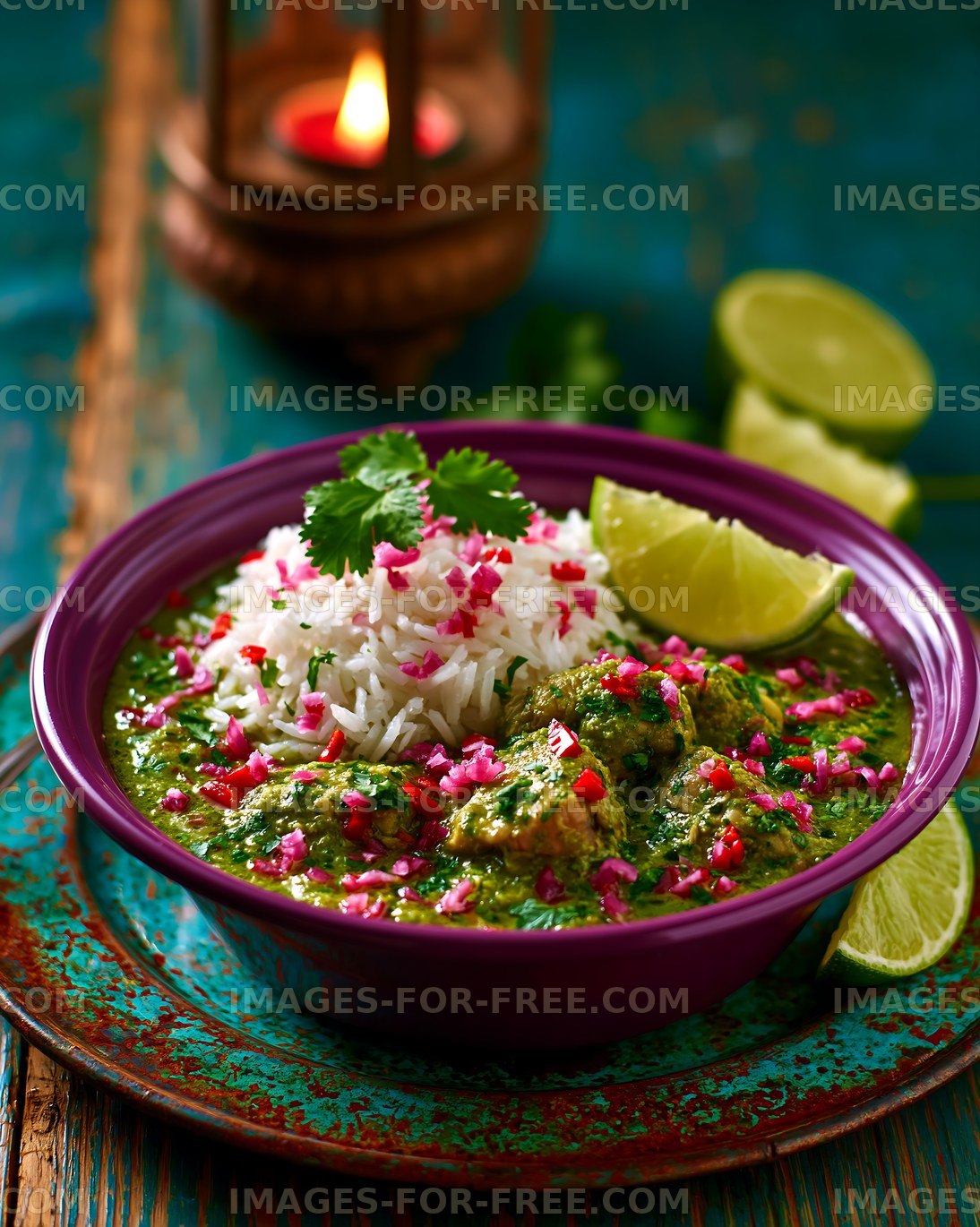 Colorful Green Curry Bowl with Rice and Lime