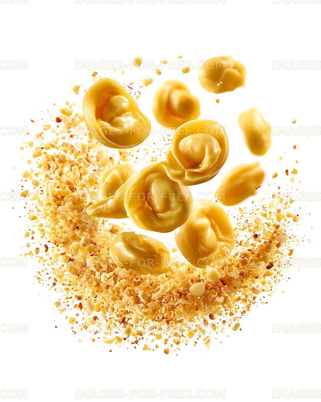 Floating golden tortellini with scattered crispy crumbs