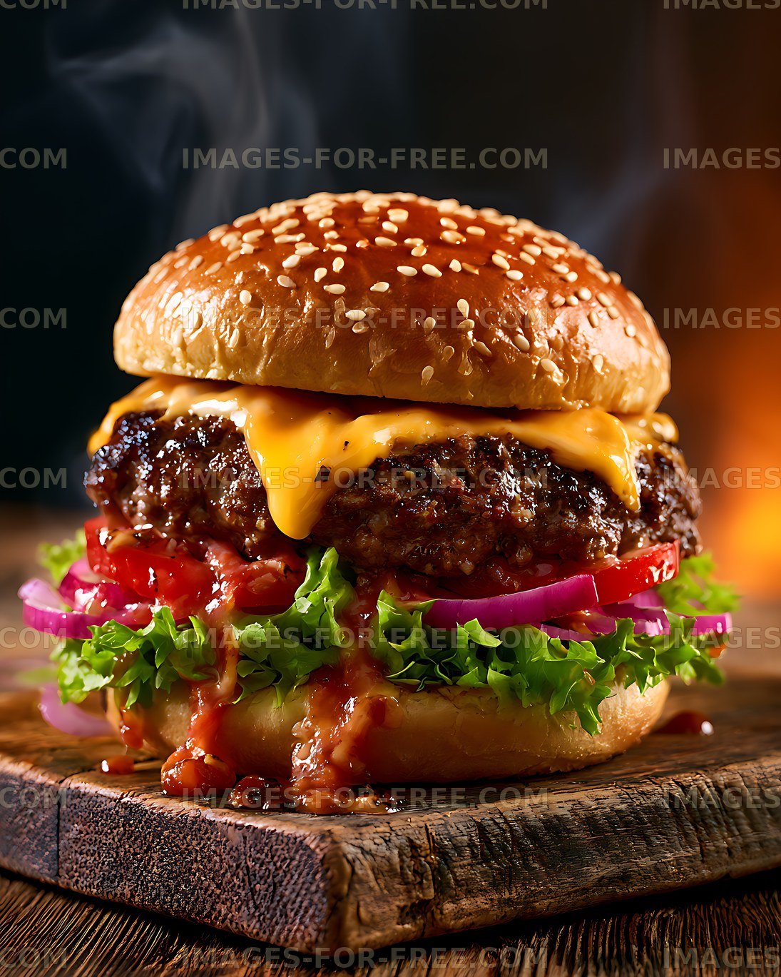 Juicy cheeseburger with melted cheese and vegetables
