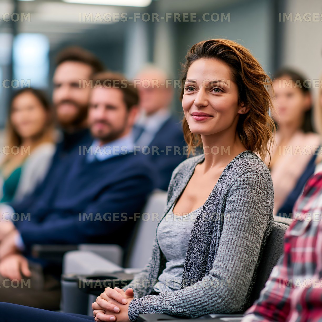Smiling woman sitting in an indoor audience