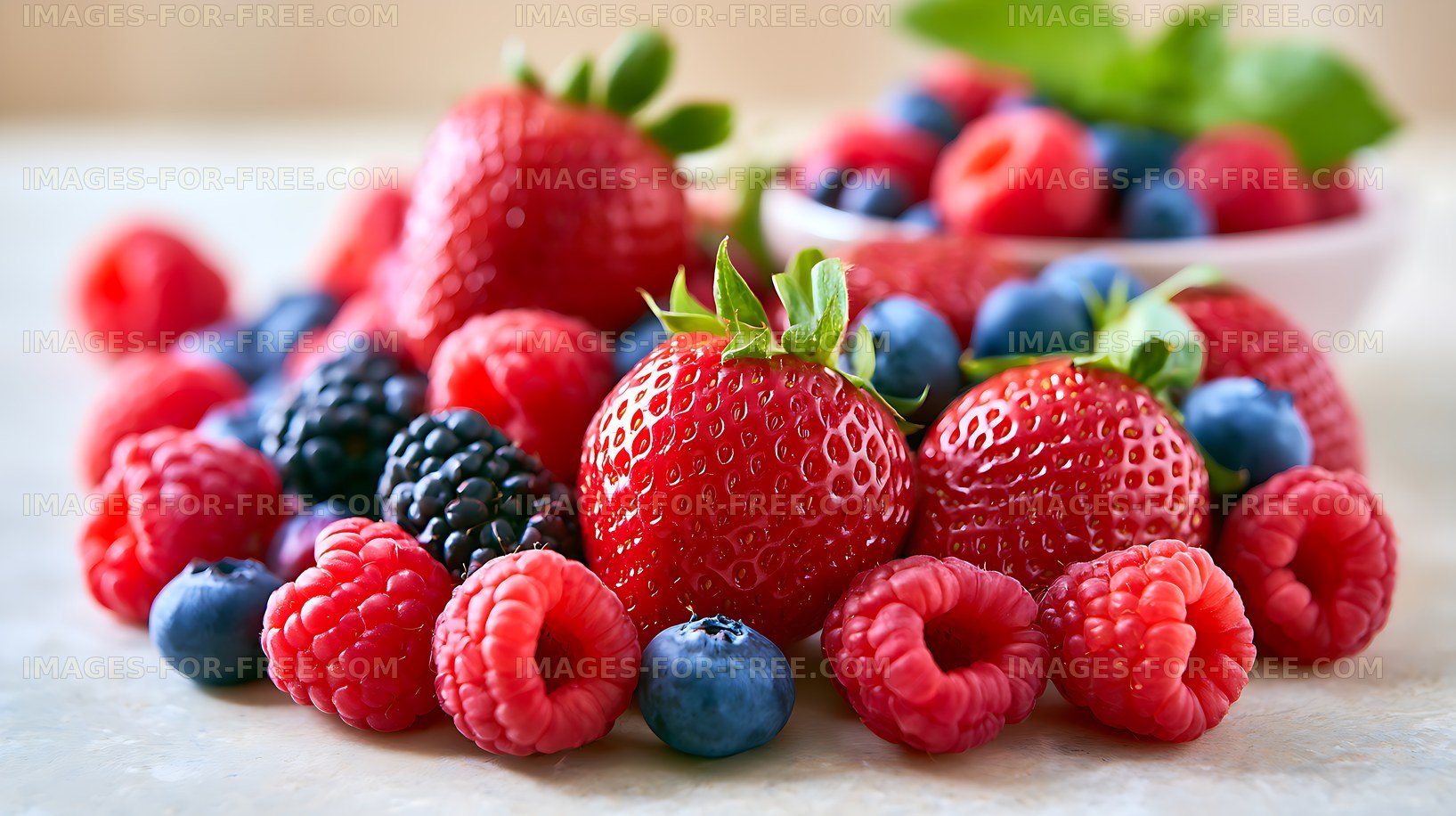 Colorful assortment of fresh berries in close-up