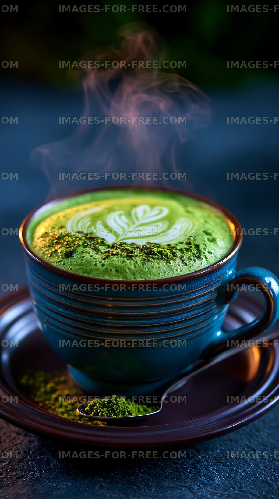 Green matcha latte with frothy latte art and rising steam