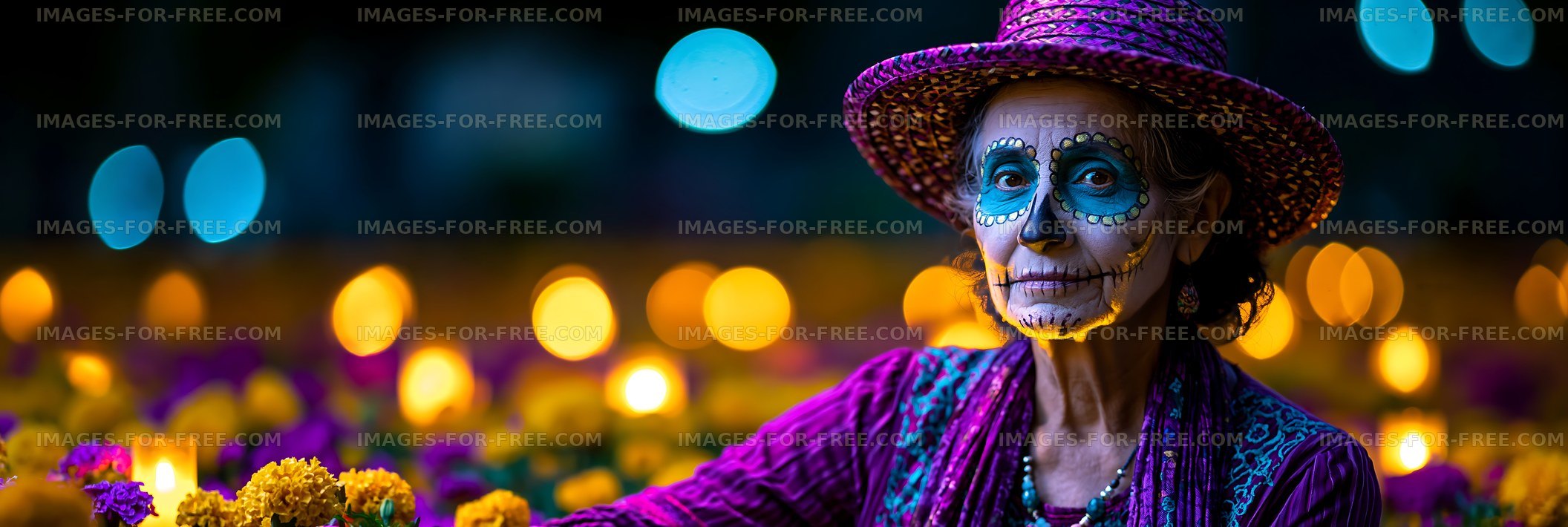 Portrait of woman with skull-inspired makeup among flowers and candles
