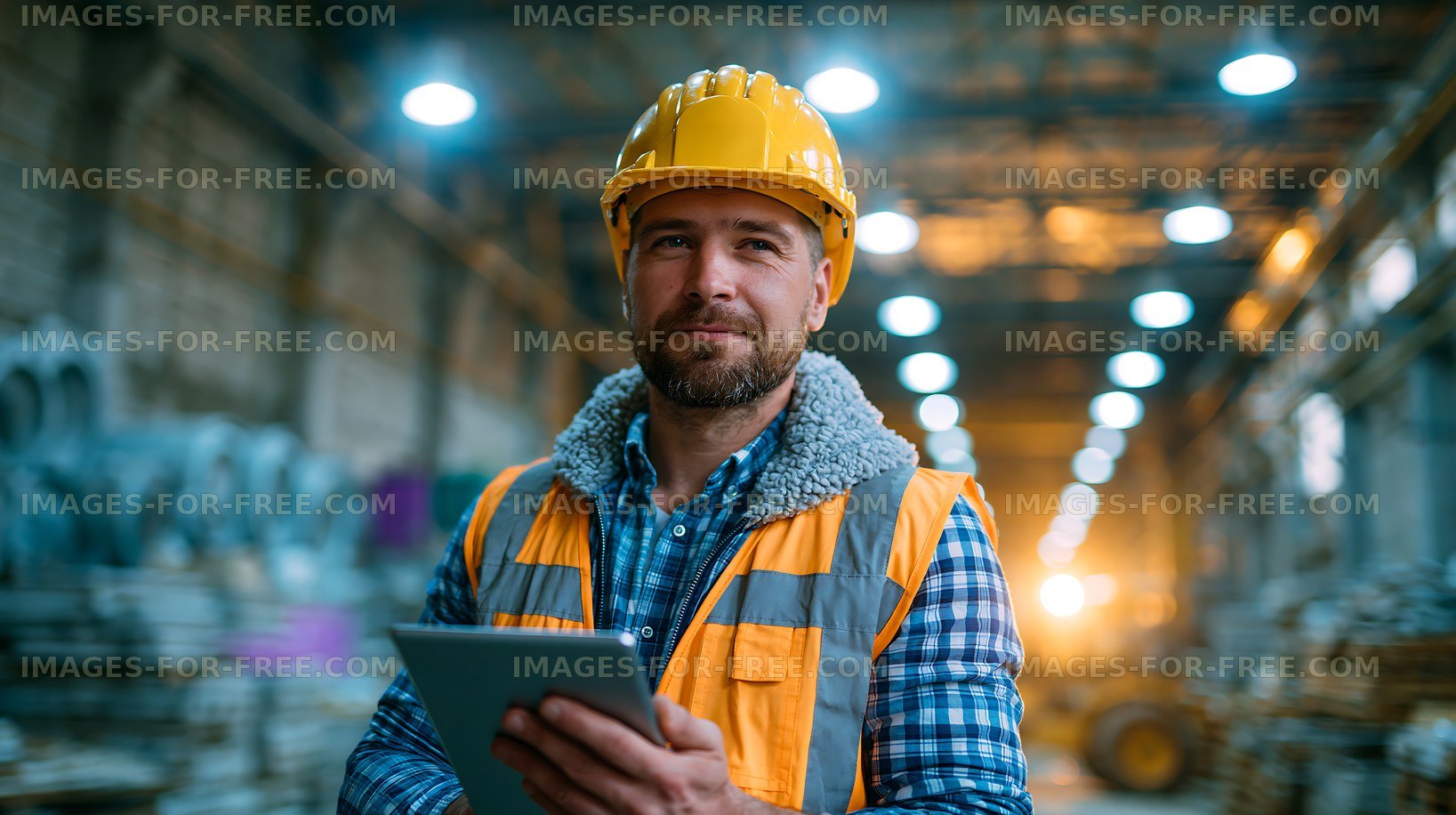 Worker in hard hat holding tablet in industrial interior