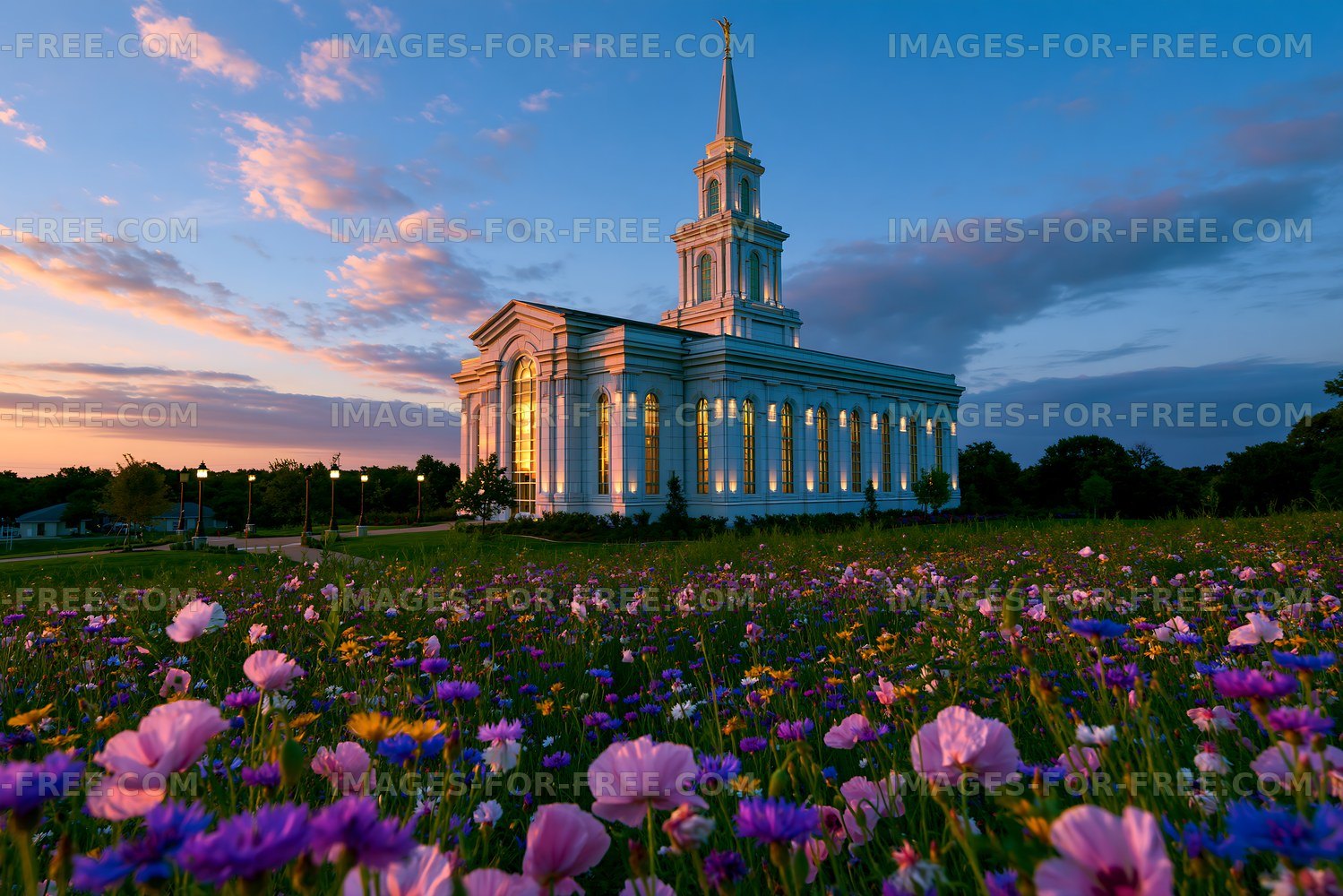 Church and colorful wildflowers under a sunset sky
