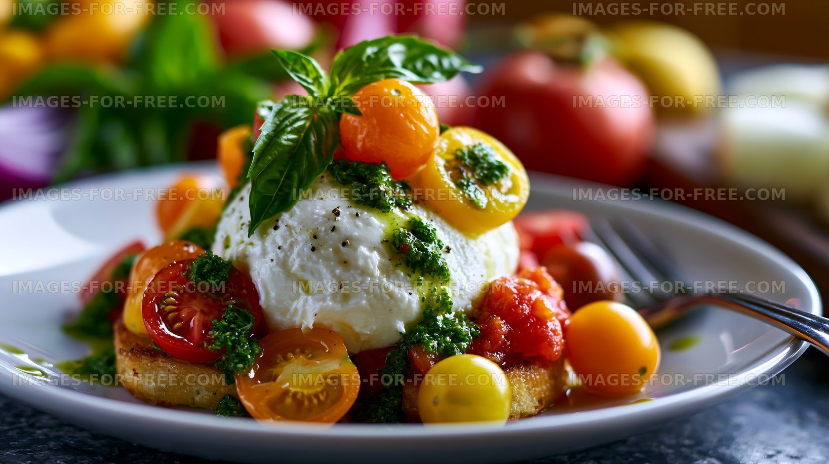 Fresh burrata salad with colorful tomatoes and pesto