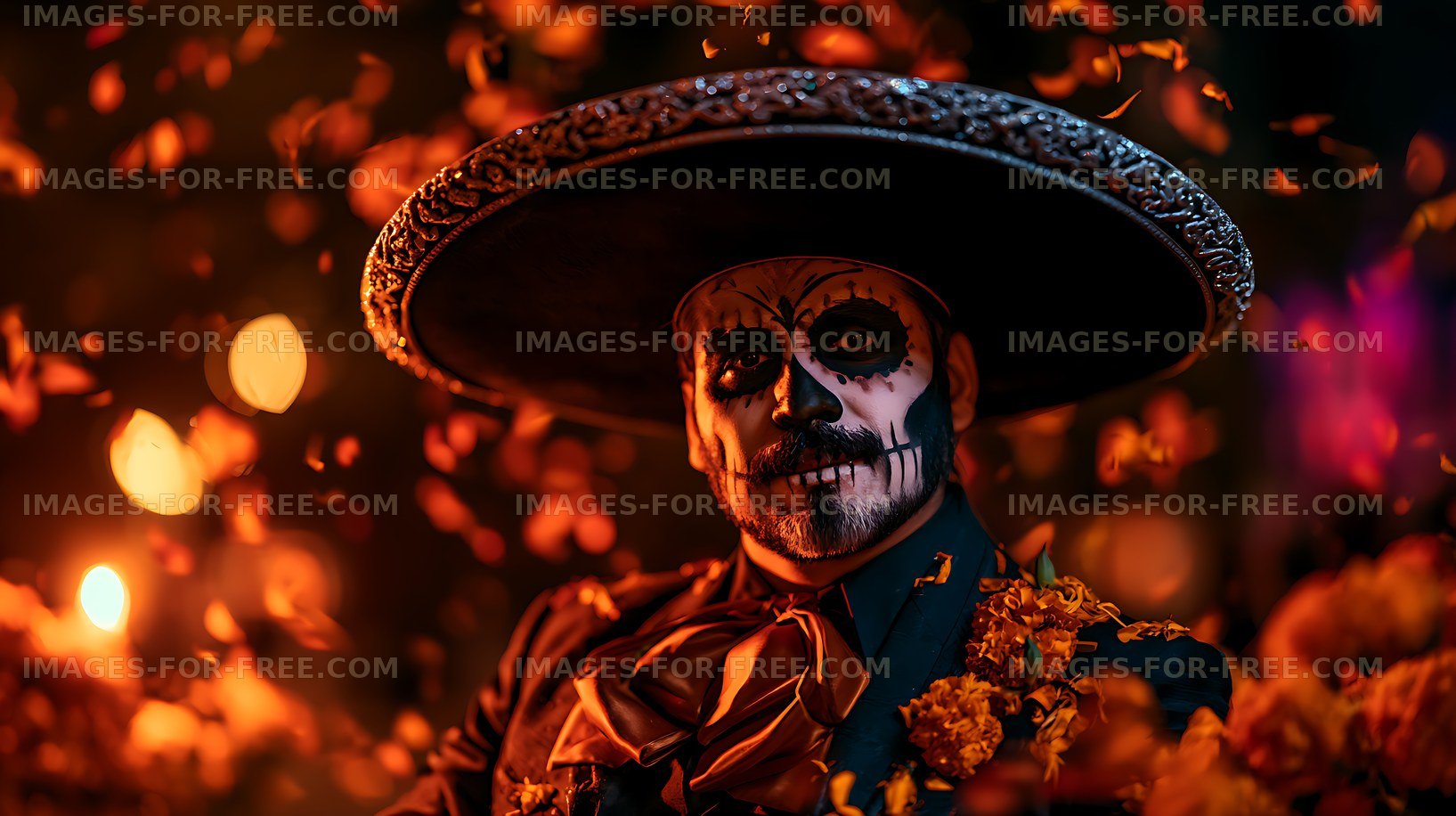 Dramatic skull-painted man wearing a decorated sombrero