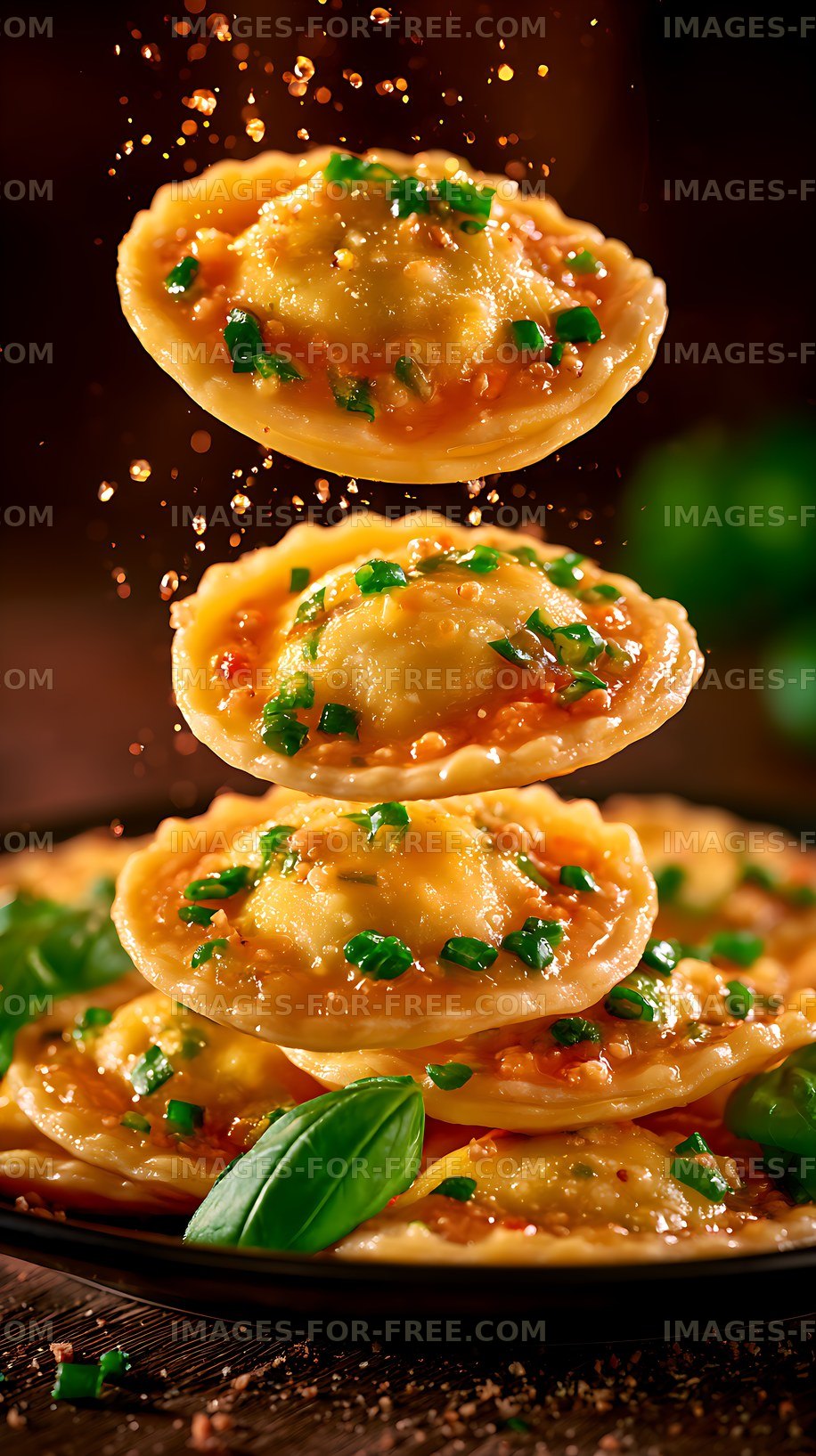 Golden dumplings stacked with fresh green herbs