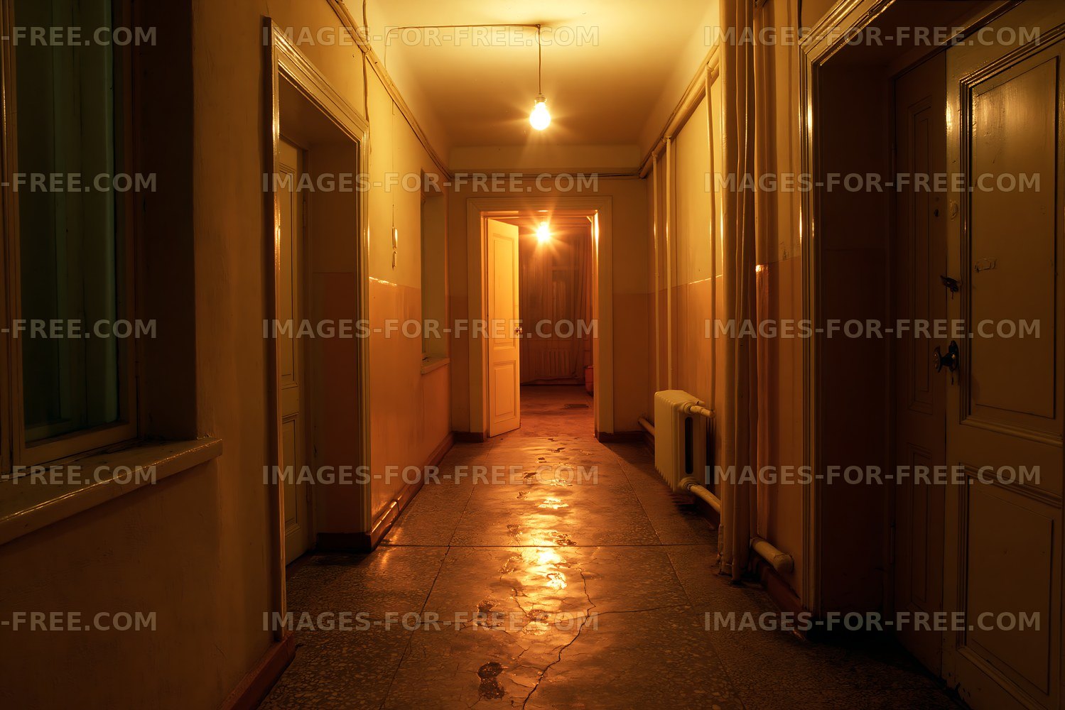 Empty corridor illuminated by warm ceiling lights