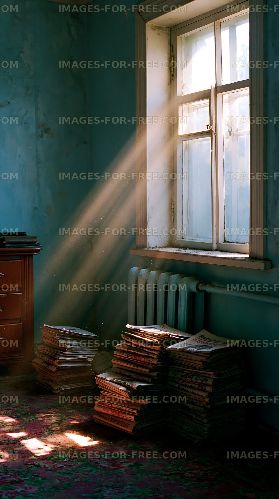 Old newspapers in a room with sunlight and shadows