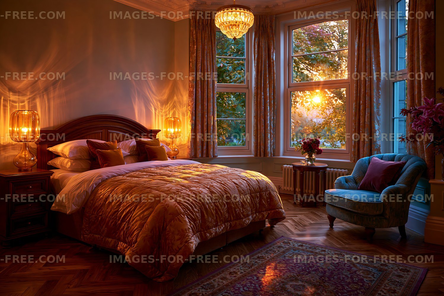 Warmly lit bedroom interior at sunset