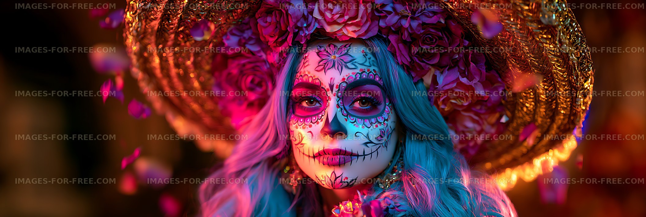 Close-up portrait with colorful sugar skull makeup and flowers