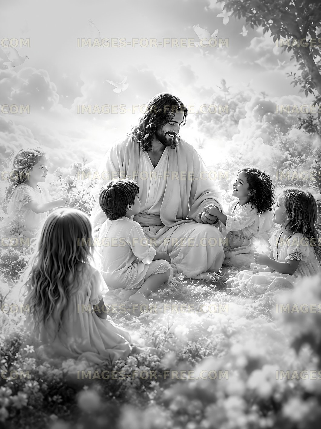 Jesus interacts with children in a peaceful garden setting