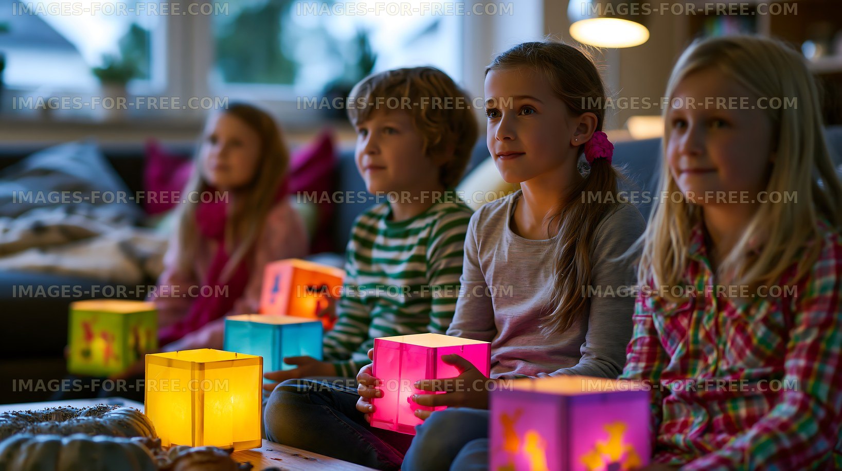 Four children with colorful illuminated lanterns at home