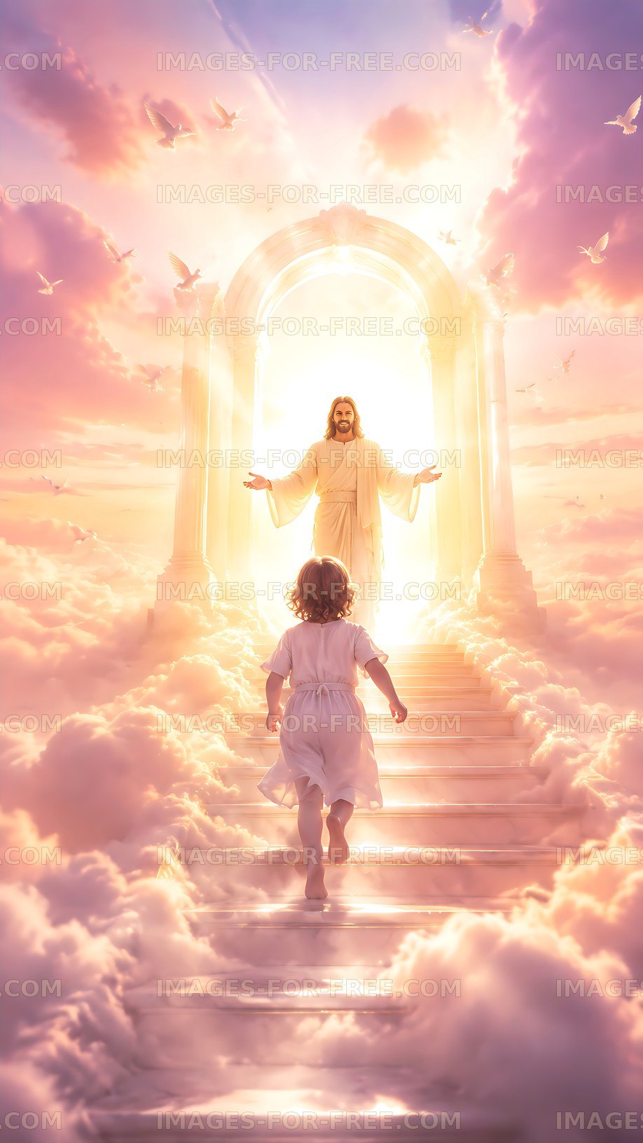 Child walking towards figure in bright light on cloud staircase