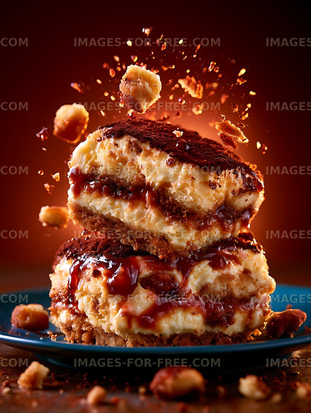 Close-up layered dessert with cream and chocolate topping