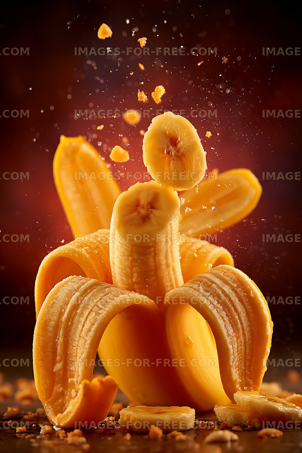 Peeled banana surrounded by flying fruit and droplets