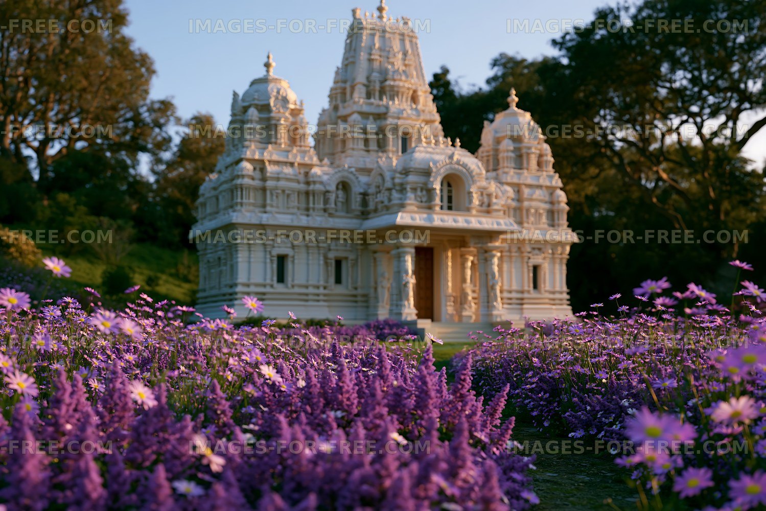 White ornamental temple in a flower garden