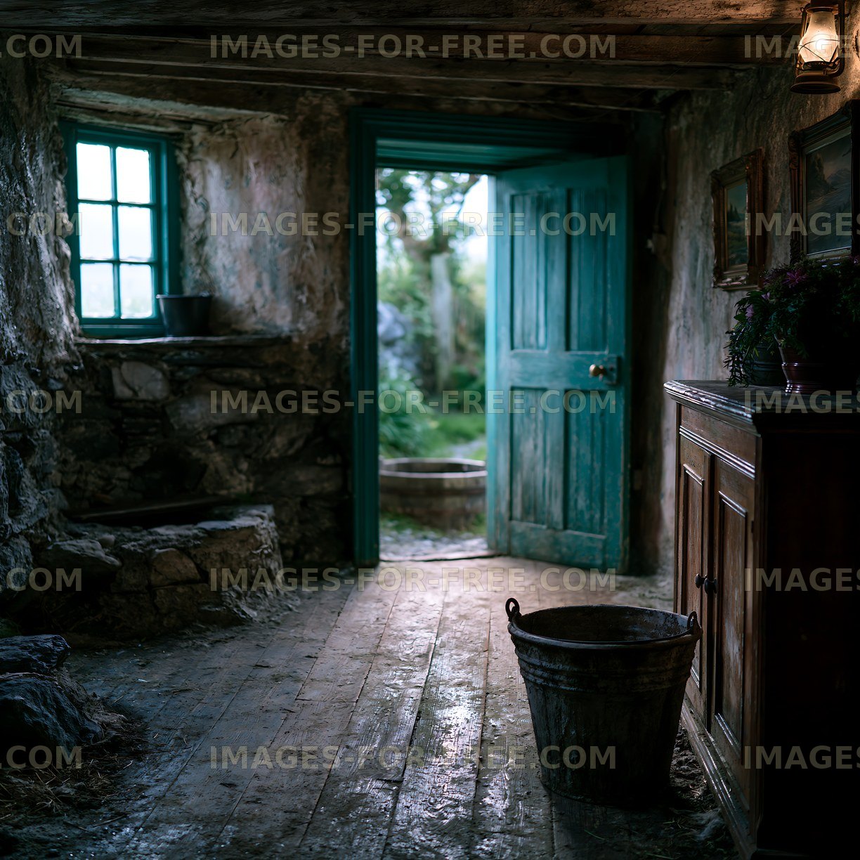Rustic cottage room with open blue-green door