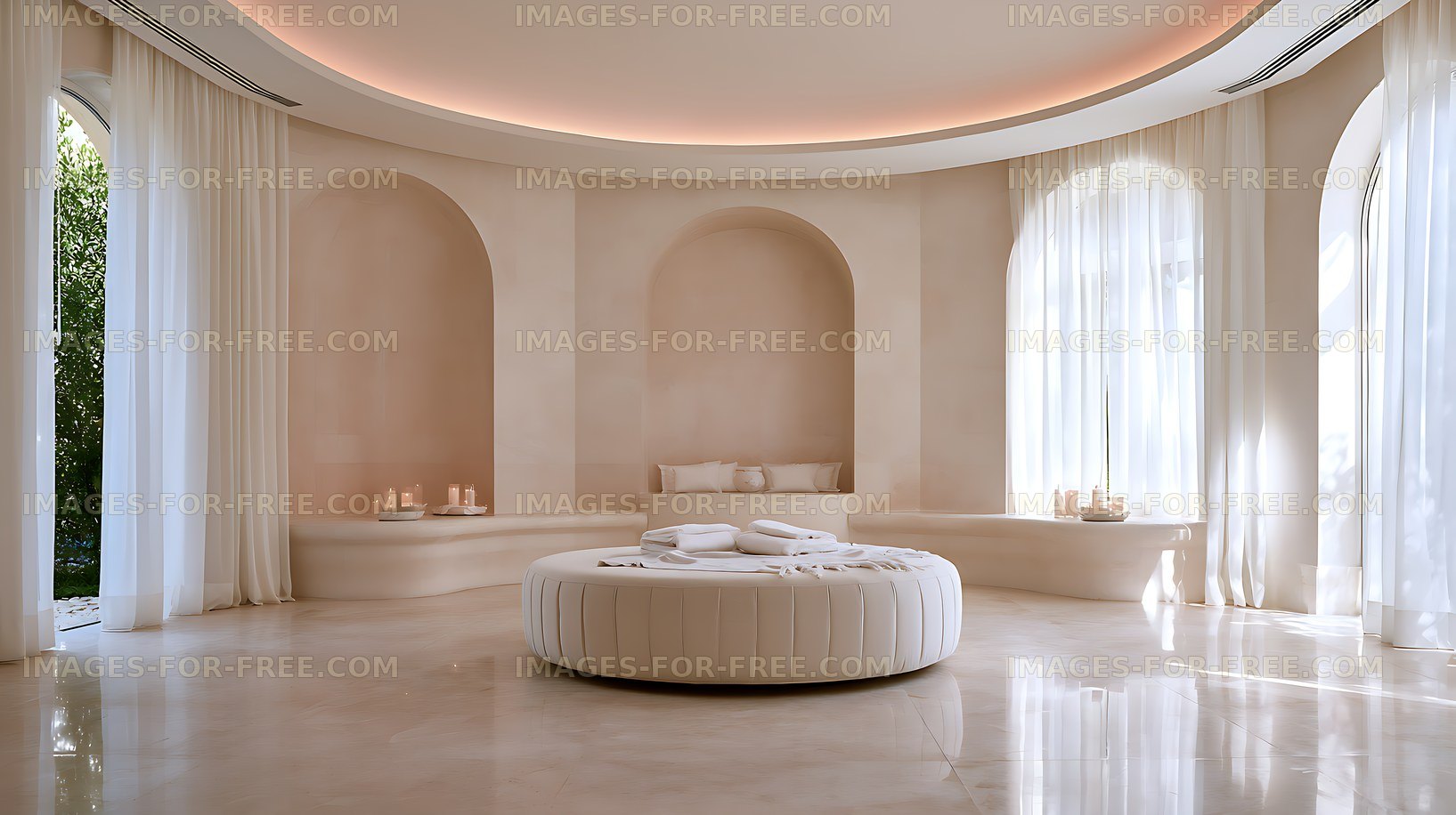 Bright luxury spa interior with round treatment bed