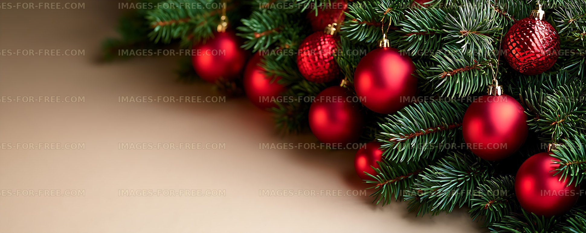 Evergreen Christmas branches decorated with red ornaments