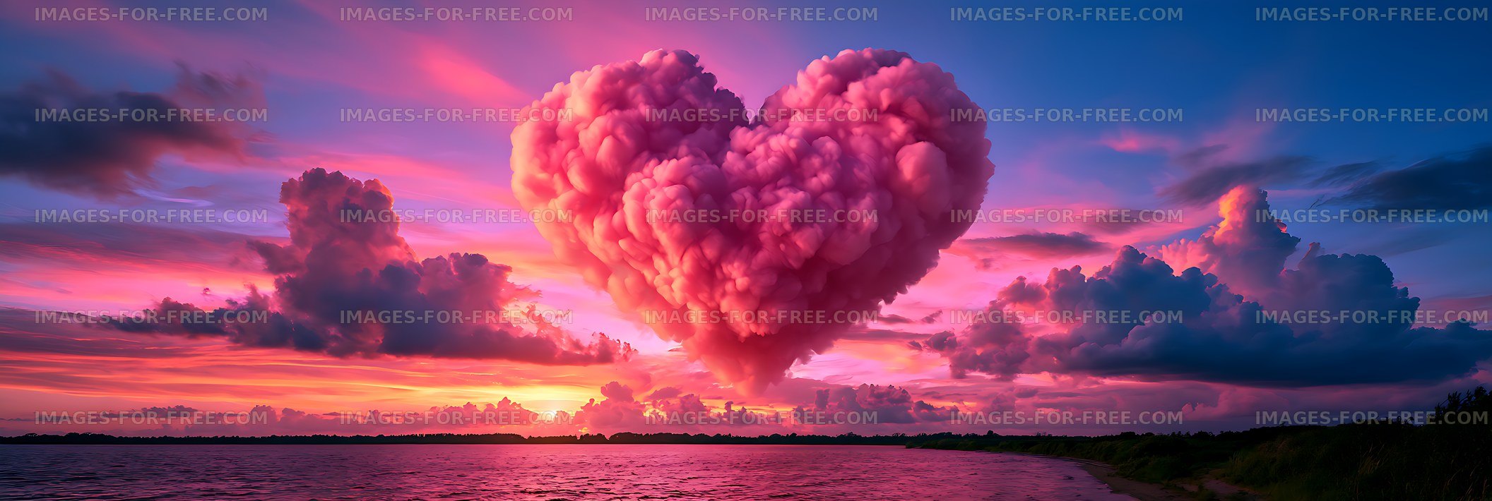 Pink heart-shaped cloud at sunset over calm water