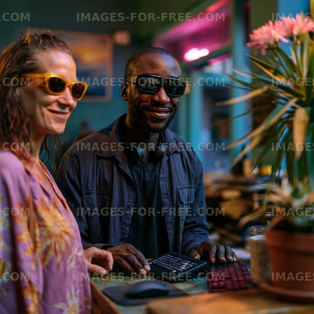 Coworkers at a cafe workstation