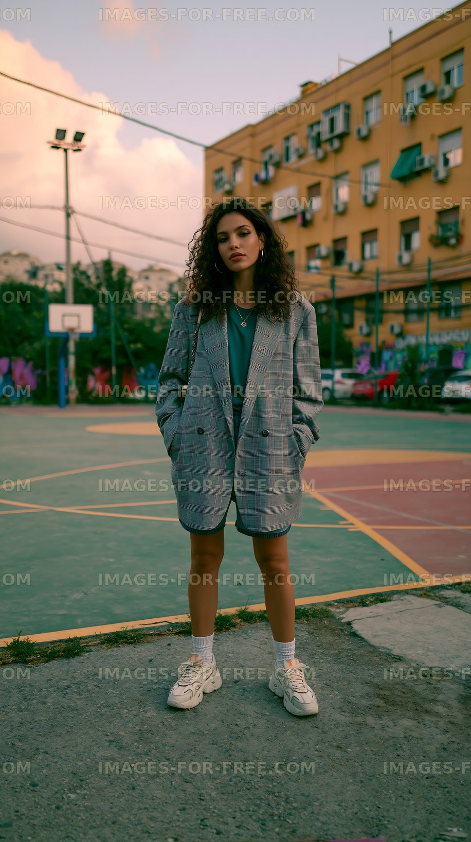 Stylish woman posing on a city basketball court