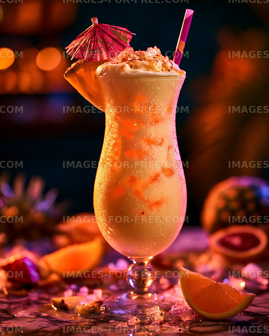 Vibrant orange tropical cocktail with citrus garnish