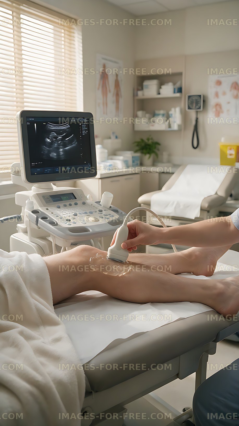Sonographer using ultrasound probe on patient leg