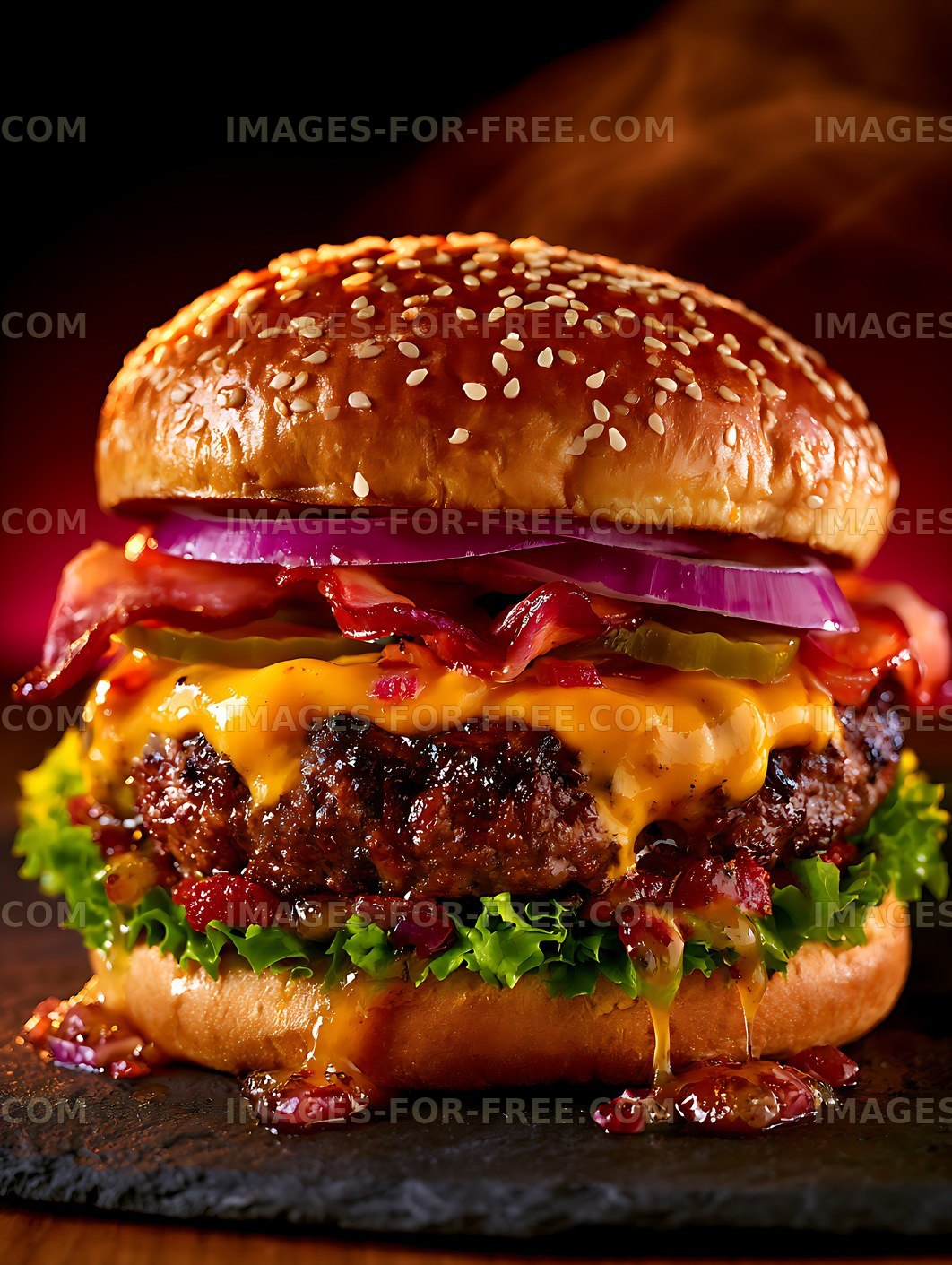 Loaded cheeseburger with bacon, cheese, and vegetables