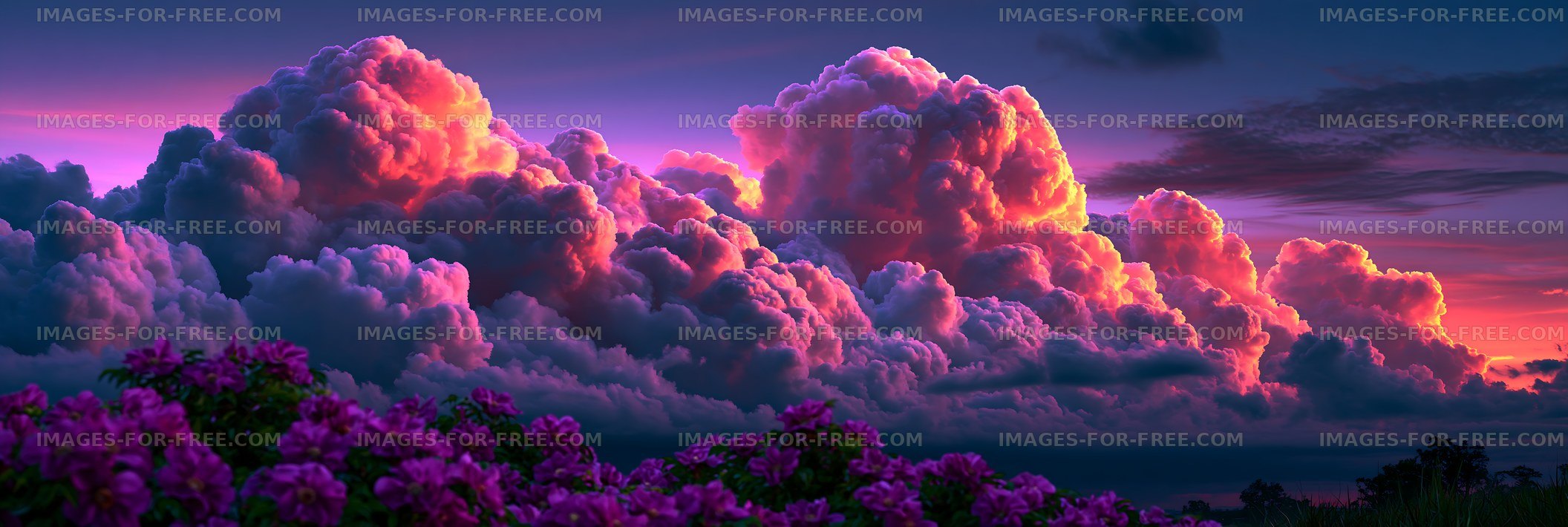 Colorful storm clouds and purple flowers at sunset