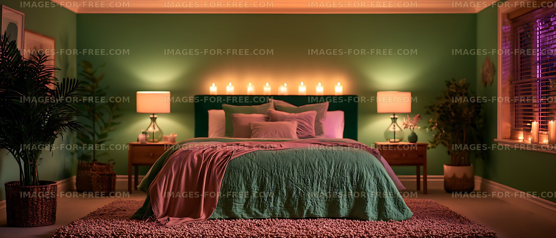 Warmly decorated bedroom with candles and indoor plants