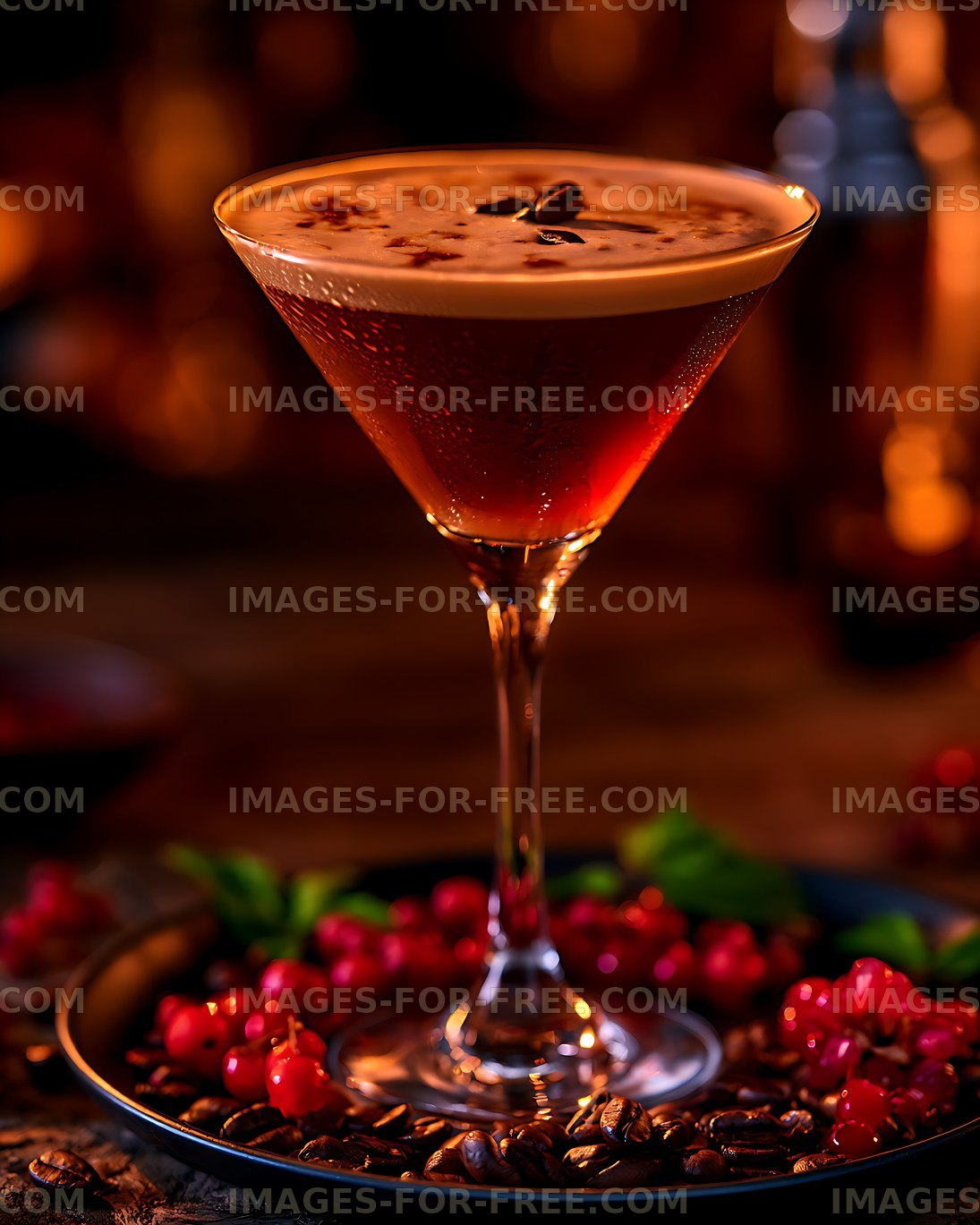 Elegant dark cocktail with coffee beans and red berries