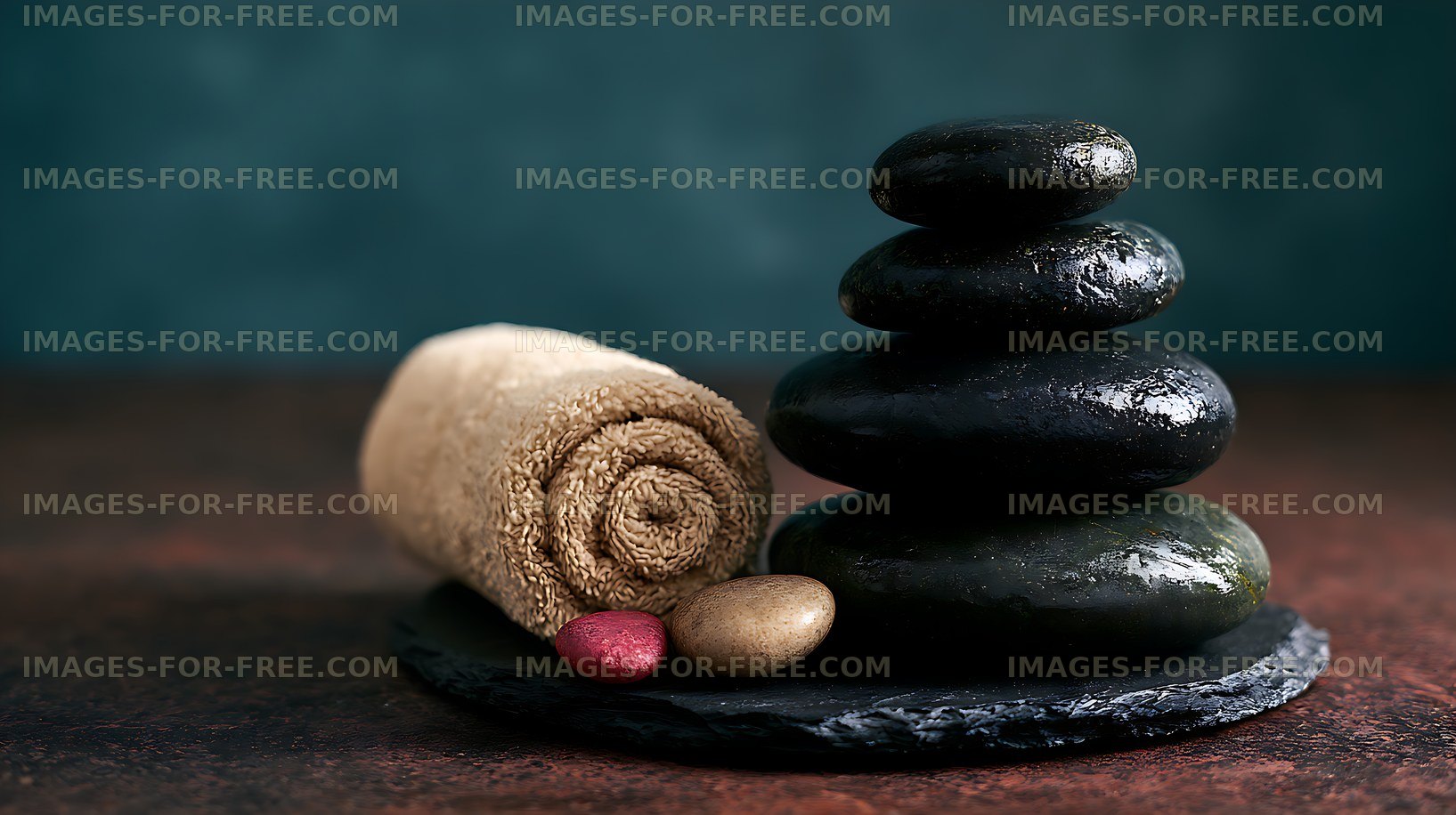 Spa still life with stacked stones and rolled towel